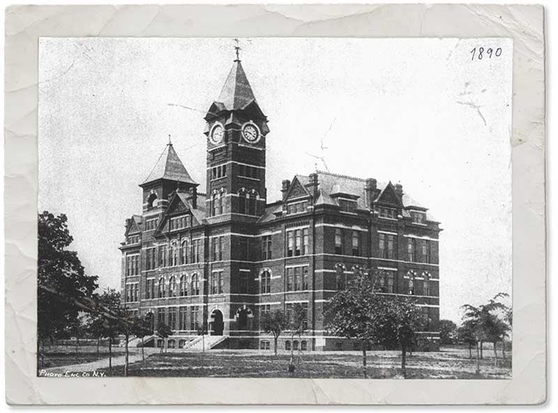 An old black and white photograph of Samford Hall in 1890.